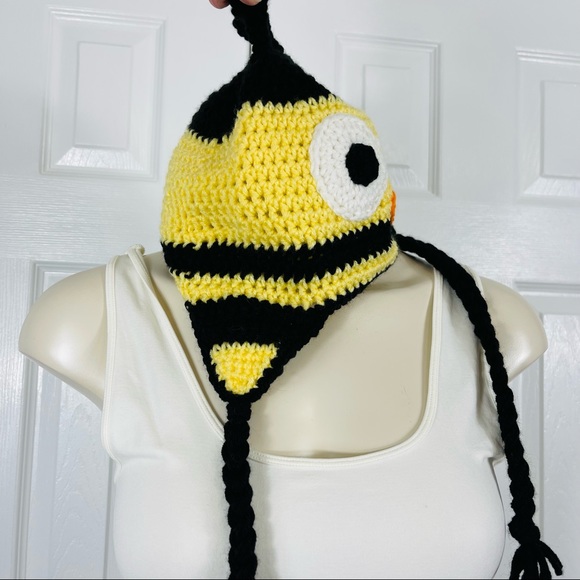 HANDMADE Crochet BEE Beanie crocheted BEE hat Toboggan with tassels yellow black - Picture 6 of 9